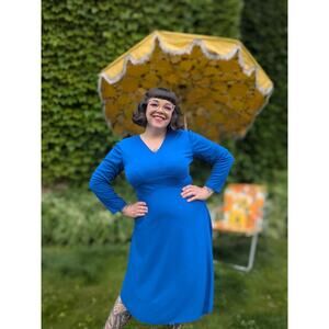 Vintage Volup 60s Long Sleeve Blue Polyester Dress XL